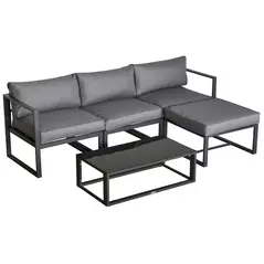 Outsunny 5 Pieces Outdoor Patio Furniture Set, Sofa Couch with Glass Coffee Table, Cushioned Chairs and Aluminum Tube, for Balcony Garden Backyard, Grey - 1