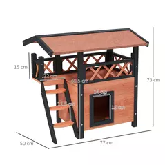 PawHut Cat House Outdoor w/ Balcony Stairs Roof, 77 x 50 x 73 cm, Brown - 3