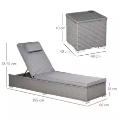 Outsunny 3 Pieces Rattan Sun Lounger Set with Aluminium Frame, 5-Position Adjustable Reclining Garden Chairs and Glass Top Table, Wicker Garden Furniture Daybed with Cushions for Patio, Grey - 3