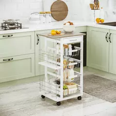 HOMCOM Rolling Kitchen Cart, Utility Storage Cart with 4 Basket Drawers & Side Racks, Wheels for Dining Room, Natural and White - 2