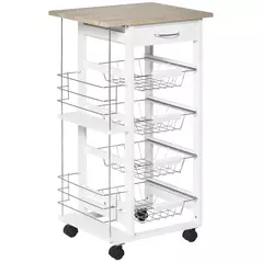 HOMCOM Rolling Kitchen Cart, Utility Storage Cart with 4 Basket Drawers & Side Racks, Wheels for Dining Room, Natural and White - 1