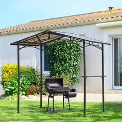 Outsunny 8ft x 5ft Outdoor BBQ Protective Gazebo Tent Aluminium Steel Frame w/ 2 Shelves Hardtop Roof Canopy Ground Stakes Safe Cooking - 2