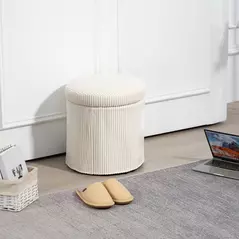 HOMCOM 40cm Round Storage Ottoman, Corduroy Footstool with Removable Lid and Legs, Vanity Stool for Living Room, Bedroom, Beige - 2