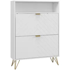 HOMCOM 12 Shoe Storage Cabinet, with Chevron Indents and Gold Tone Accents - White - 1