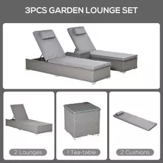 Outsunny 3 Pieces Rattan Sun Lounger Set with Aluminium Frame, 5-Position Adjustable Reclining Garden Chairs and Glass Top Table, Wicker Garden Furniture Daybed with Cushions for Patio, Grey - 5