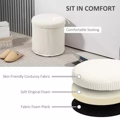 HOMCOM 40cm Round Storage Ottoman, Corduroy Footstool with Removable Lid and Legs, Vanity Stool for Living Room, Bedroom, Beige - 5