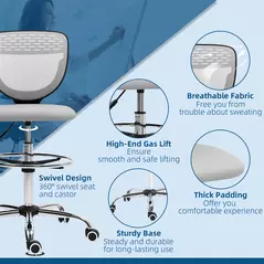 Vinsetto 68-88cm Draughtsman Office Chair, with Wheels - Light Grey - 8