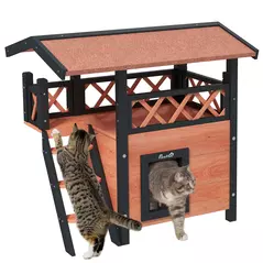 PawHut Cat House Outdoor w/ Balcony Stairs Roof, 77 x 50 x 73 cm, Brown - 1