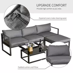 Outsunny 5 Pieces Outdoor Patio Furniture Set, Sofa Couch with Glass Coffee Table, Cushioned Chairs and Aluminum Tube, for Balcony Garden Backyard, Grey - 6