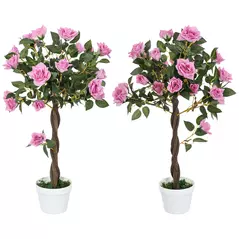 Outsunny Set of 2 Artificial Plants White Rose Floral in Pot, Fake Plants for Home Indoor Decor, 90cm, Purple - 1
