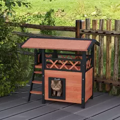 PawHut Cat House Outdoor w/ Balcony Stairs Roof, 77 x 50 x 73 cm, Brown - 2