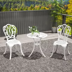 Outsunny 3 Piece Garden Bistro Set, Cast Aluminium Outdoor Furniture Set with Umbrella Hole for Balcony, Porch, Patio, White - 2