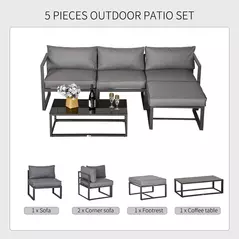 Outsunny 5 Pieces Outdoor Patio Furniture Set, Sofa Couch with Glass Coffee Table, Cushioned Chairs and Aluminum Tube, for Balcony Garden Backyard, Grey - 4