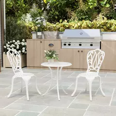 Outsunny 3 Piece Garden Bistro Set, Cast Aluminium Outdoor Furniture Set with Umbrella Hole for Balcony, Porch, Patio, White - 9