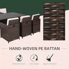 Outsunny 10 Seater Rattan Cube Garden Furniture Set with Parasol Hole, Rattan Dining Set with Cushions, Outdoor Dining Table and Chairs with Rectangular Glass Top Table for Patio, Mixed Brown - 6