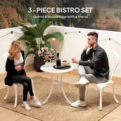 Outsunny 3 Piece Garden Bistro Set, Cast Aluminium Outdoor Furniture Set with Umbrella Hole for Balcony, Porch, Patio, White - 4