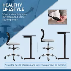 Vinsetto 68-88cm Draughtsman Office Chair, with Wheels - Light Grey - 4