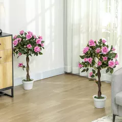 Outsunny Set of 2 Artificial Plants White Rose Floral in Pot, Fake Plants for Home Indoor Decor, 90cm, Purple - 2