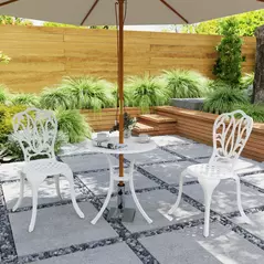 Outsunny 3 Piece Garden Bistro Set, Cast Aluminium Outdoor Furniture Set with Umbrella Hole for Balcony, Porch, Patio, White - 8