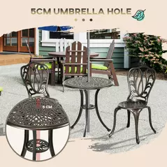 Outsunny 3 Piece Garden Bistro Set Aluminium Outdoor Furniture Set for 2 Patio Chairs and Table with Umbrella Hole Bronze Tone - 5