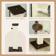 PawHut 81cm Cat Scratcher, Vertical Full Scratcher w/ Natural Sisal Rope, Hanging Ball, Soft Plush - Brown - 5