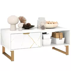 HOMCOM Elegant Marble Effect Storage Coffee Table - White - 1