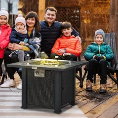 Outsunny Outdoor PE Rattan Gas Fire Pit Table, Patio Square Propane Heater with Marble Desktop, Rain Cover, Glass Windscreen, and Glass Stones, 50,000 BTU, Black - 2