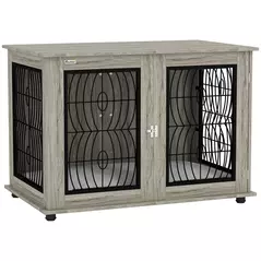 PawHut 46.46'' Dog Crate Furniture Table with Soft Washable Cushion and Lockable Door, for Large Indoor Dogs, Grey - 1