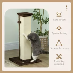 PawHut 81cm Cat Scratcher, Vertical Full Scratcher w/ Natural Sisal Rope, Hanging Ball, Soft Plush - Brown - 4