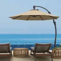 Outsunny 3(m) Garden Cantilever Parasol, Round Overhanging Umbrella with Crank Handle, Cross Base, Aluminium Frame and 360° Rotation, Banana Patio Umbrella for Outdoor Sun Shade, Khaki - 2