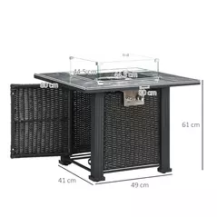 Outsunny Outdoor PE Rattan Gas Fire Pit Table, Patio Square Propane Heater with Marble Desktop, Rain Cover, Glass Windscreen, and Glass Stones, 50,000 BTU, Black - 3