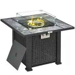 Outsunny Outdoor PE Rattan Gas Fire Pit Table, Patio Square Propane Heater with Marble Desktop, Rain Cover, Glass Windscreen, and Glass Stones, 50,000 BTU, Black - 1