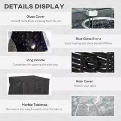 Outsunny Outdoor PE Rattan Gas Fire Pit Table, Patio Square Propane Heater with Marble Desktop, Rain Cover, Glass Windscreen, and Glass Stones, 50,000 BTU, Black - 6