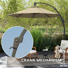 Outsunny 3(m) Garden Cantilever Parasol, Round Overhanging Umbrella with Crank Handle, Cross Base, Aluminium Frame and 360° Rotation, Banana Patio Umbrella for Outdoor Sun Shade, Khaki - 6