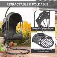 Outsunny Hanging Egg Chair Swing Hammock Chair with Stand, Cushion and Retractable Canopy, for Indoor and Outdoor, Grey - 4