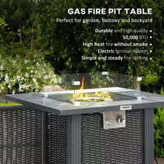 Outsunny Outdoor PE Rattan Gas Fire Pit Table, Patio Square Propane Heater with Marble Desktop, Rain Cover, Glass Windscreen, and Glass Stones, 50,000 BTU, Black - 4