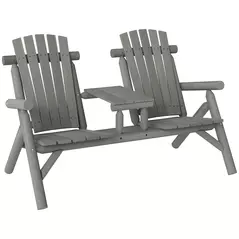 Outsunny Wood Patio Chair Bench 2 Seats w/ Centre Coffee Table, Garden Bench, Grey - 1