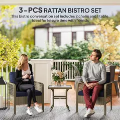 Outsunny 3 Pieces Rattan Bistro Set with Glass Top Coffee Table, Chairs and Cushions for Outdoor, Patio, Balcony, Charcoal Grey - 4
