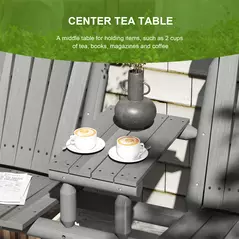 Outsunny Wood Patio Chair Bench 2 Seats w/ Centre Coffee Table, Garden Bench, Grey - 6