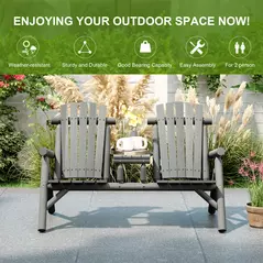 Outsunny Wood Patio Chair Bench 2 Seats w/ Centre Coffee Table, Garden Bench, Grey - 7