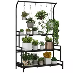 Outsunny 3 Tiered Plant Rack with Hanging Hooks, Tall Plant Stand for Indoor Outdoor Porch Balcony Use, Black - 1
