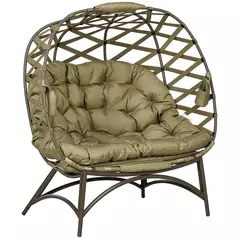 Outsunny 2 Seater Egg Chair Outdoor, Folding Weave Garden Furniture Chair with Cushion, Cup Pockets - Khaki - 1