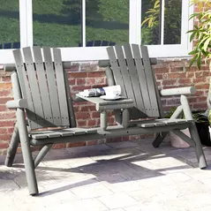 Outsunny Wood Patio Chair Bench 2 Seats w/ Centre Coffee Table, Garden Bench, Grey - 2