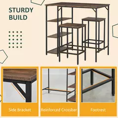 HOMCOM Industrial Bar Height Dining Table Set With 2 Stools & Side Shelf, 3 Pieces Coffee Table for Dining Room, Kitchen, Dinette - 5