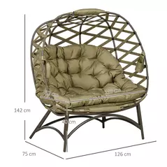 Outsunny 2 Seater Egg Chair Outdoor, Folding Weave Garden Furniture Chair with Cushion, Cup Pockets - Khaki - 3