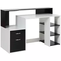 HOMCOM Computer Desk with Drawers and Storage Shelves, Office Desk Writing Table with Printer Stand, Large Workstation for Study Play Work Home Office, 137 x 55 x 92cm, Black and White - 1