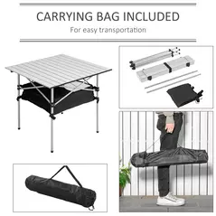 Outsunny Portable Camping Table w/ Mesh Bag & Steel Frame Hiking Furniture Desk, Silver Black - 5