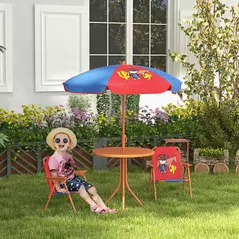 Outsunny Kids Picnic Table and Chair Set, Cowboy Themed Outdoor Garden Furniture w/ Foldable Chairs, Adjustable Parasol - 2