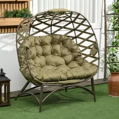 Outsunny 2 Seater Egg Chair Outdoor, Folding Weave Garden Furniture Chair with Cushion, Cup Pockets - Khaki - 2