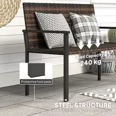 Outsunny 2 Seater Rattan Garden Bench, Outdoor Bench with Quick-Drying Cotton Padding, Wicker Garden Loveseat with Armrests, Steel Frame for Patio, Park, Mixed Brown - 8